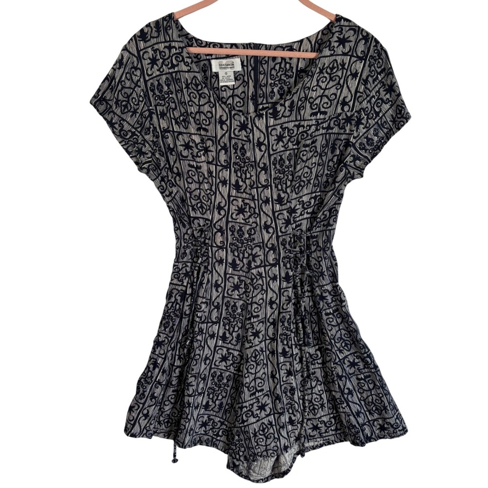 Vintage Sostanza Womens  90s Rayon Romper Black Cream Sz S Lace Up Waist Boho